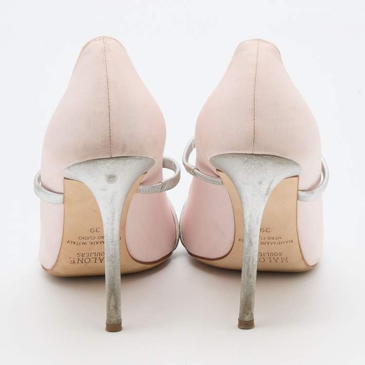 Pre Owned Malone Souliers Light Pink/Silver Fabric and Leather Maureen Pointed Toe Mules Size 39