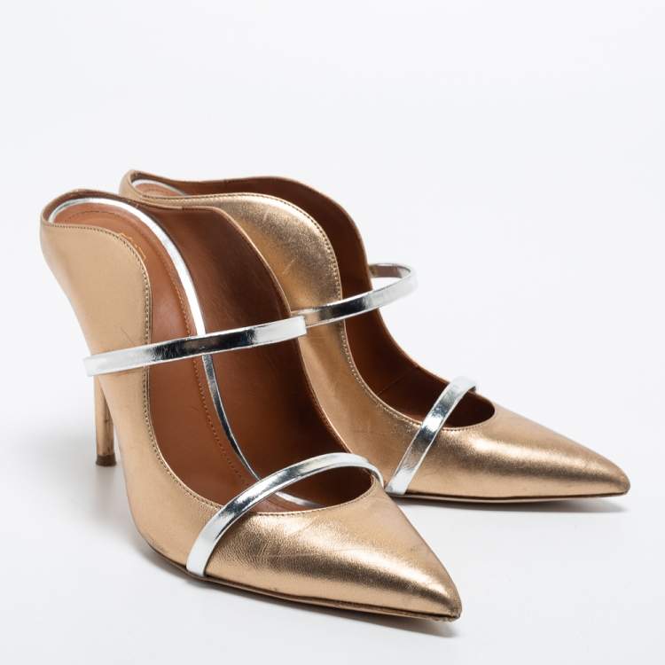 Pre Owned Malone Souliers  Metallic Gold Leather  Maureen Mules Size 41