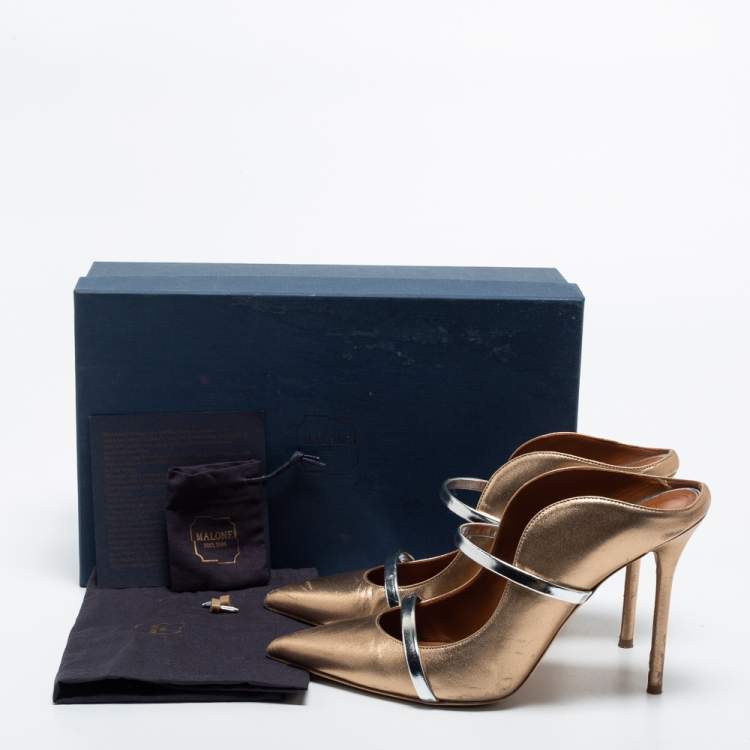 Pre Owned Malone Souliers  Metallic Gold Leather  Maureen Mules Size 41