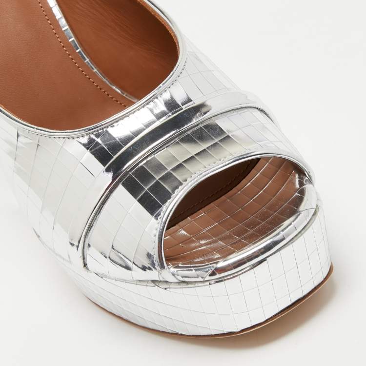 Pre Owned Malone Souliers Metallic Silver Leather Yasmine Open Toe Block heel Sandals Size 40