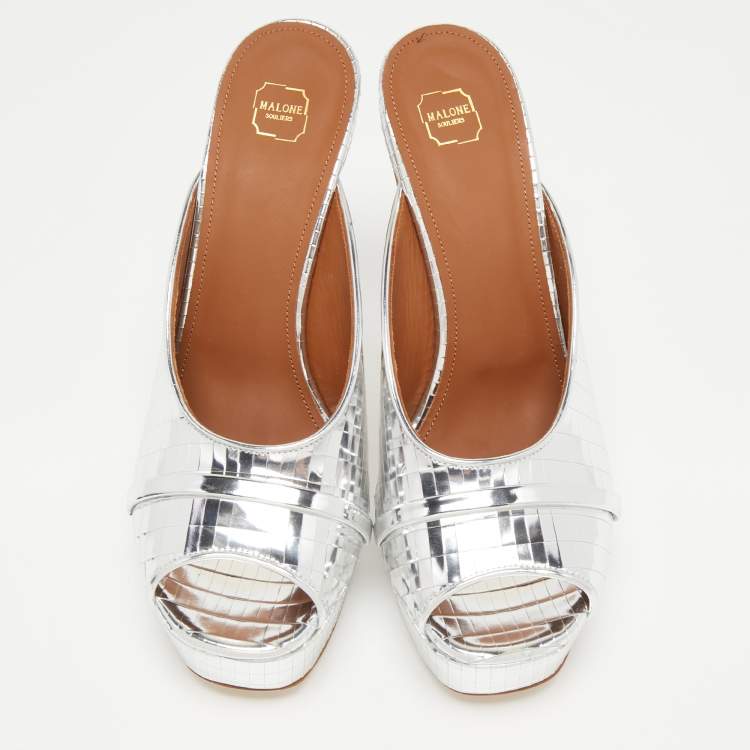 Pre Owned Malone Souliers Metallic Silver Leather Yasmine Open Toe Block heel Sandals Size 40
