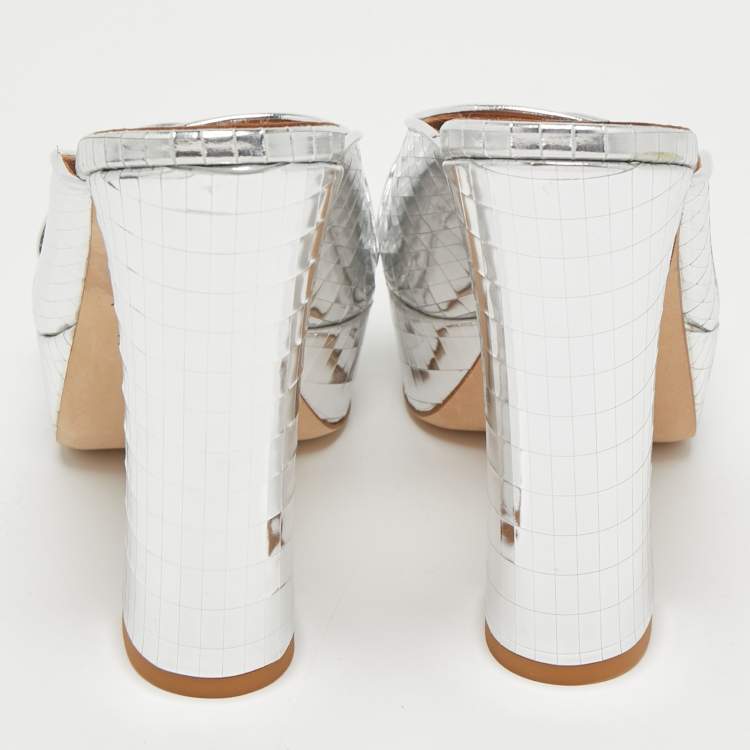 Pre Owned Malone Souliers Metallic Silver Leather Yasmine Open Toe Block heel Sandals Size 40
