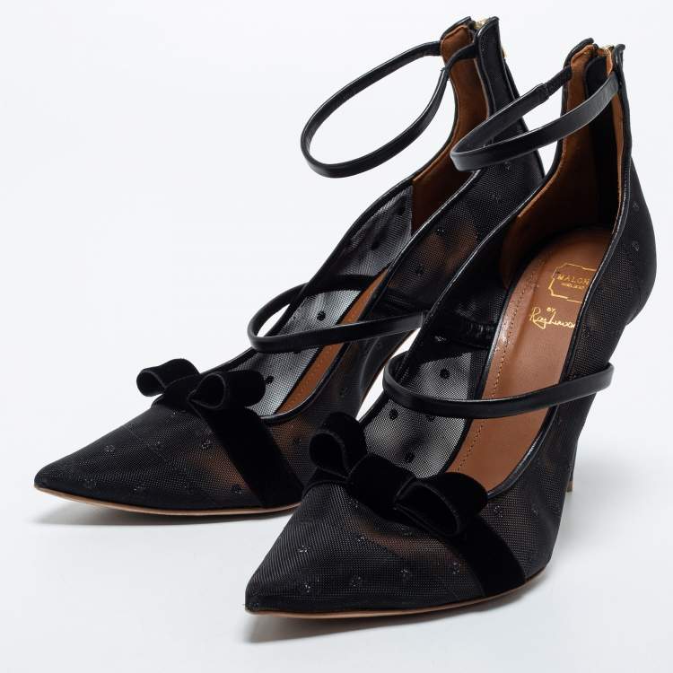Pre Owned Malone Souliers Black Mesh and Leather Bow Maureen Ankle Strap Pumps Size 40.5