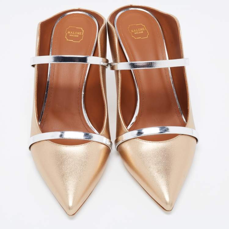 Pre Owned Malone Souliers Gold/Silver Leather Maureen Mules Size 40.5