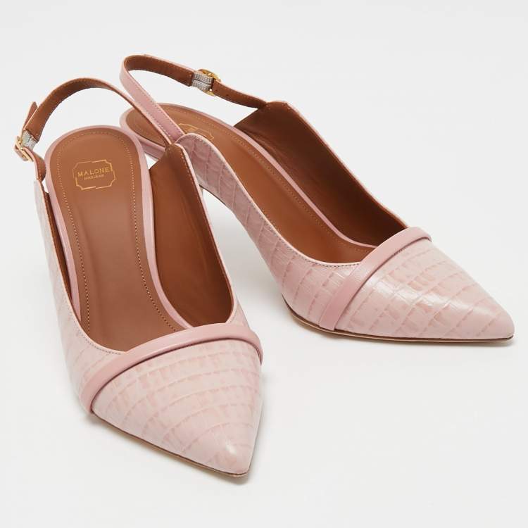 Pre Owned Malone Souliers Pink Croc Embossed Leather Marion Pointed Toe Slingback Pumps Size 38