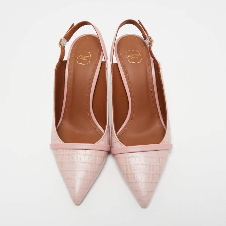 Pre Owned Malone Souliers Pink Croc Embossed Leather Marion Pointed Toe Slingback Pumps Size 38