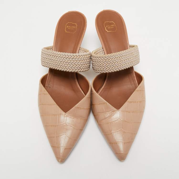 Pre Owned Malone Souliers Beige Croc Embossed Leather Maisie Mules Size 40