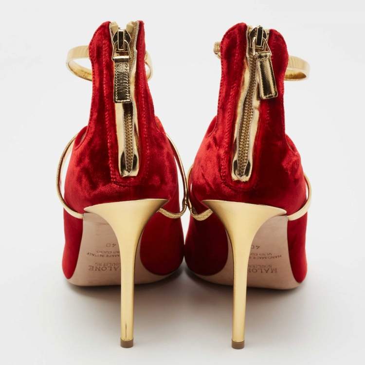 Pre Owned Malone Souliers Red/Gold Velvet and Leather Mika Sandals Size 40