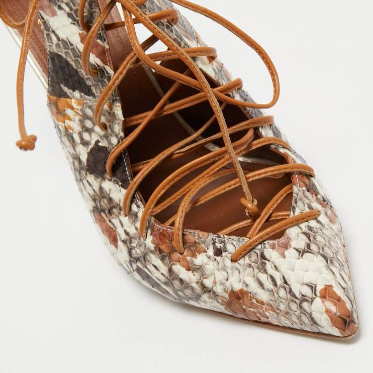 Pre Owned Malone Souliers Multicolor Python and Leather Montana Pointed Toe Lace Up Booties Size 41 