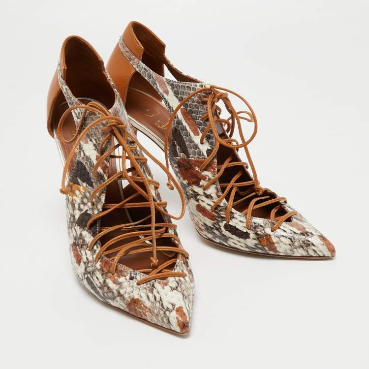 Pre Owned Malone Souliers Multicolor Python and Leather Montana Pointed Toe Lace Up Booties Size 41 