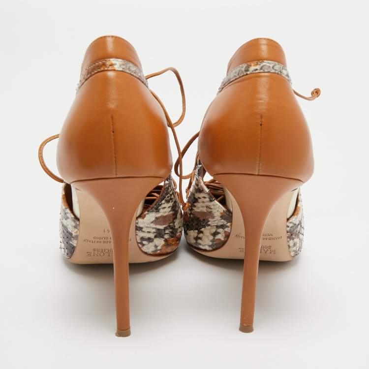 Pre Owned Malone Souliers Multicolor Python and Leather Montana Pointed Toe Lace Up Booties Size 41 