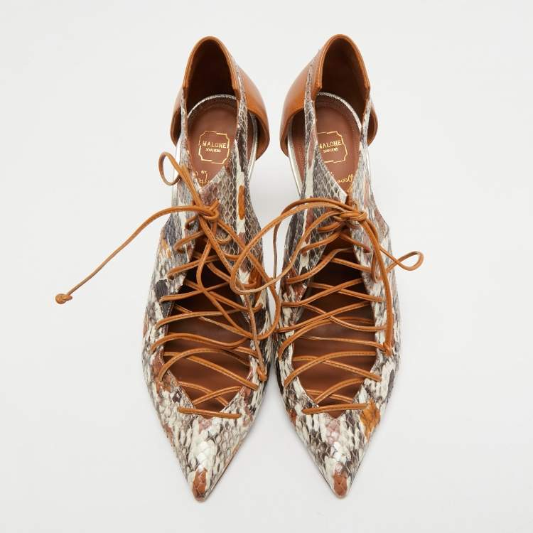 Pre Owned Malone Souliers Multicolor Python and Leather Montana Pointed Toe Lace Up Booties Size 41 