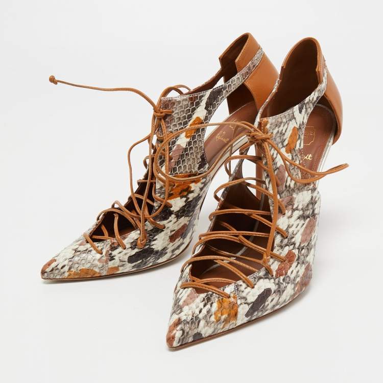 Pre Owned Malone Souliers Multicolor Python and Leather Montana Pointed Toe Lace Up Booties Size 41 