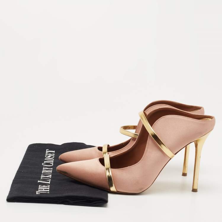 مملوكة مسبقًا Malone Souliers Pink/Gold Leather and Satin Maureen Mules Size 39