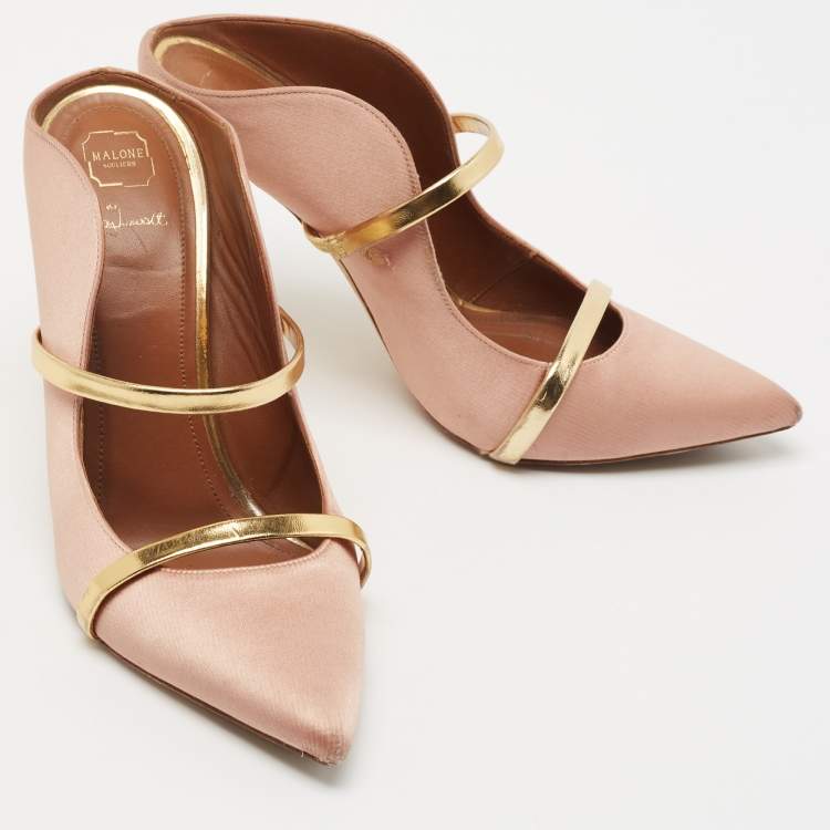 مملوكة مسبقًا Malone Souliers Pink/Gold Leather and Satin Maureen Mules Size 39