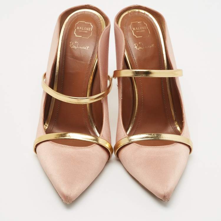 مملوكة مسبقًا Malone Souliers Pink/Gold Leather and Satin Maureen Mules Size 39