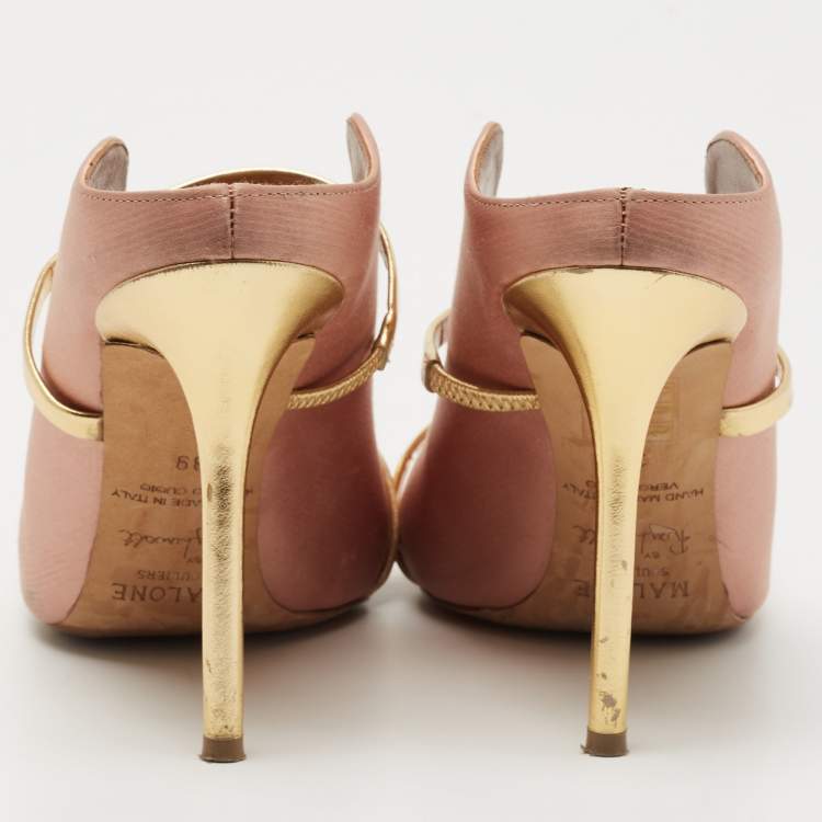 مملوكة مسبقًا Malone Souliers Pink/Gold Leather and Satin Maureen Mules Size 39