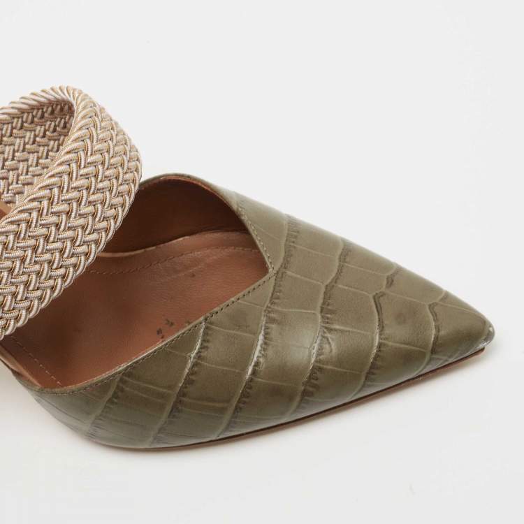 Pre Owned Malone Souliers Army Green Croc Embossed Leather Maisie Mules Size 37