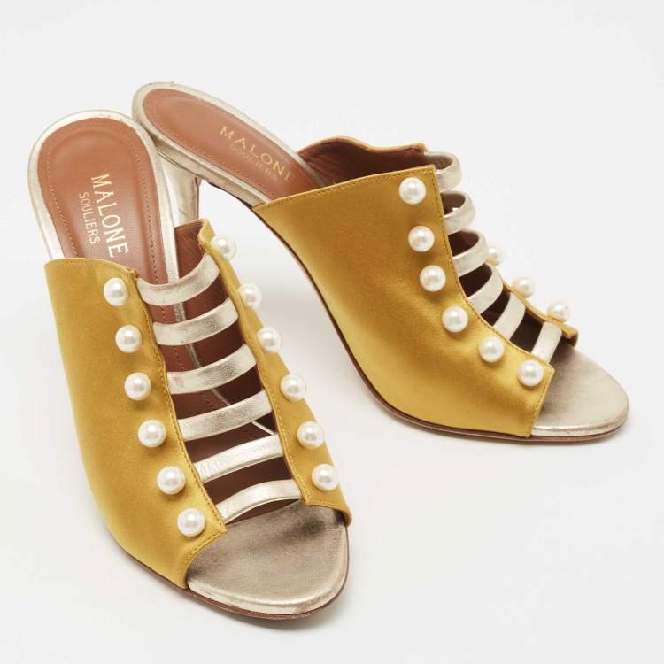 Pre Owned Malone Souliers Yellow/Gold Satin and Leather Zada Mules Size 38.5