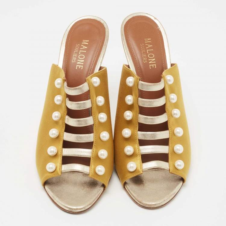 Pre Owned Malone Souliers Yellow/Gold Satin and Leather Zada Mules Size 38.5