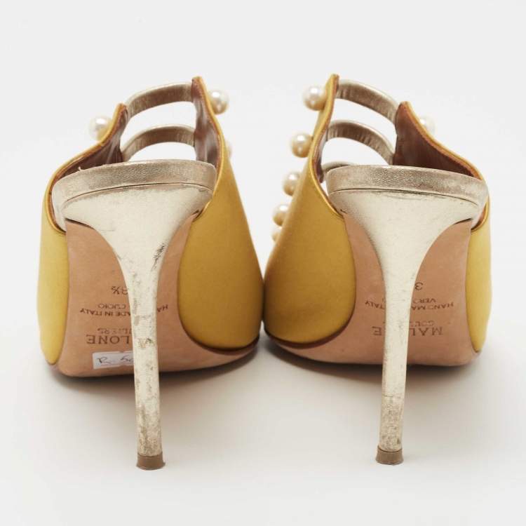 Pre Owned Malone Souliers Yellow/Gold Satin and Leather Zada Mules Size 38.5