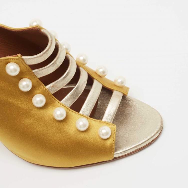 Pre Owned Malone Souliers Yellow/Gold Satin and Leather Zada Mules Size 38.5