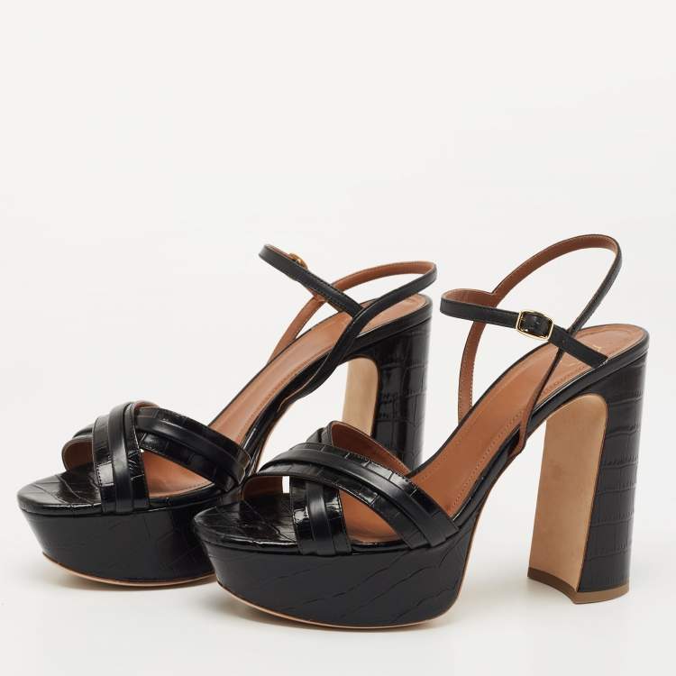 Pre Owned Malone Souliers Black Croc Embossed and Leather Mila Sandals Size 39.5