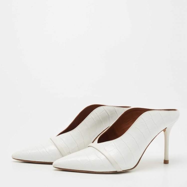 مملوكة مسبقًا Malone Souliers White Croc Embossed Leather Constance Mules Size 37.5 