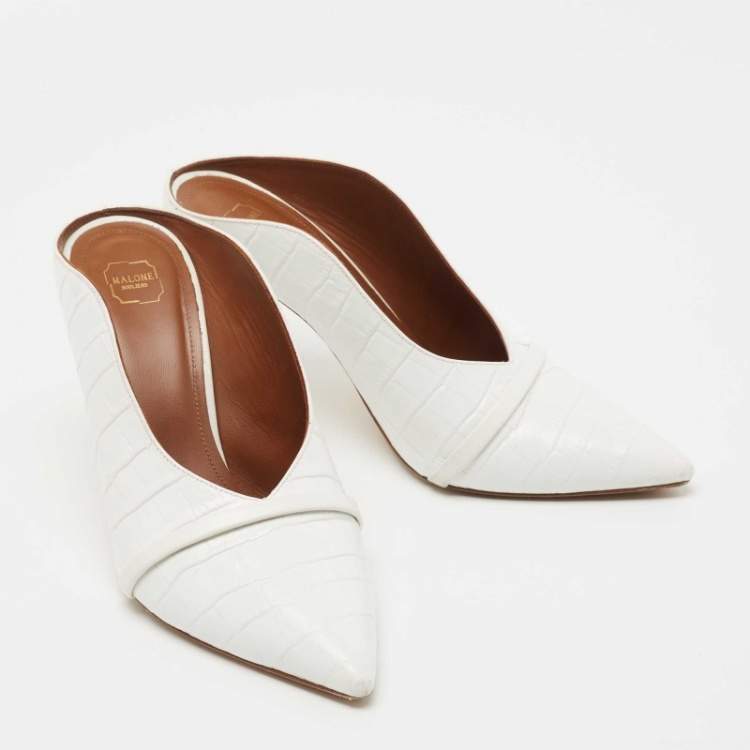 مملوكة مسبقًا Malone Souliers White Croc Embossed Leather Constance Mules Size 37.5 