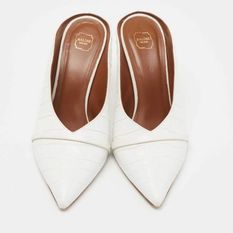 مملوكة مسبقًا Malone Souliers White Croc Embossed Leather Constance Mules Size 37.5 