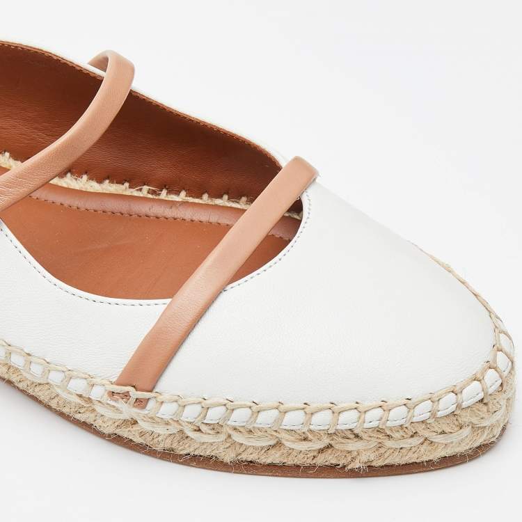 Pre Owned Malone Souliers White/Brown Leather Sienna Flat Espadrille Mules Size 35