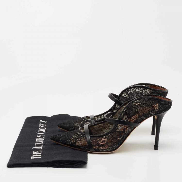Pre Owned Malone Souliers Black Lace and Leather Maureen Mules Size 37.5