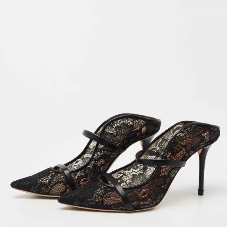 Pre Owned Malone Souliers Black Lace and Leather Maureen Mules Size 37.5