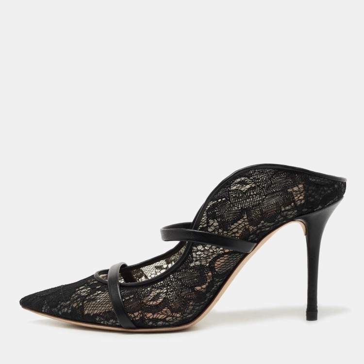 Pre Owned Malone Souliers Black Lace and Leather Maureen Mules Size 37.5