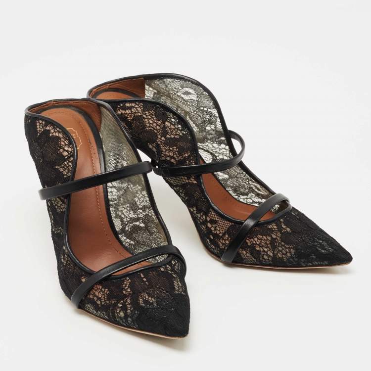 Pre Owned Malone Souliers Black Lace and Leather Maureen Mules Size 37.5