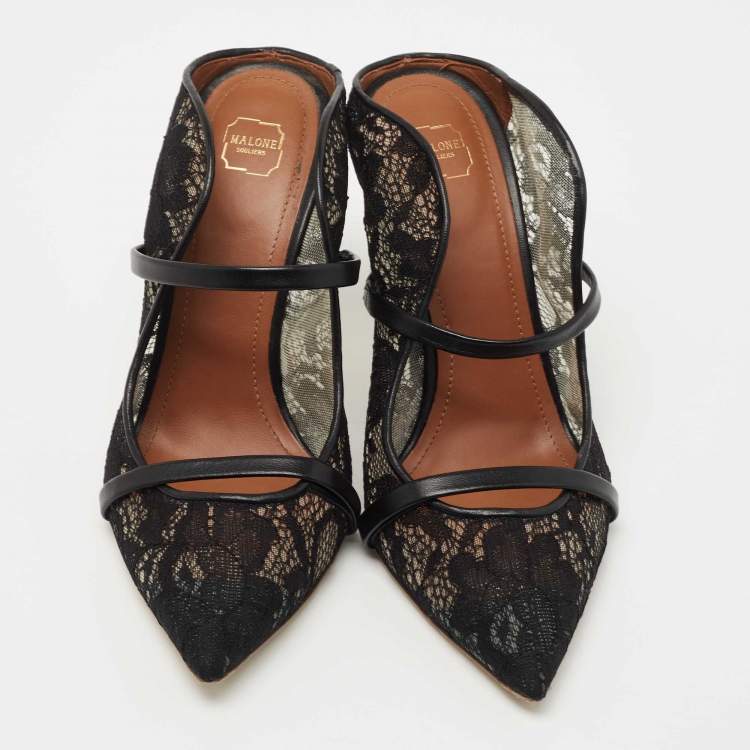 Pre Owned Malone Souliers Black Lace and Leather Maureen Mules Size 37.5