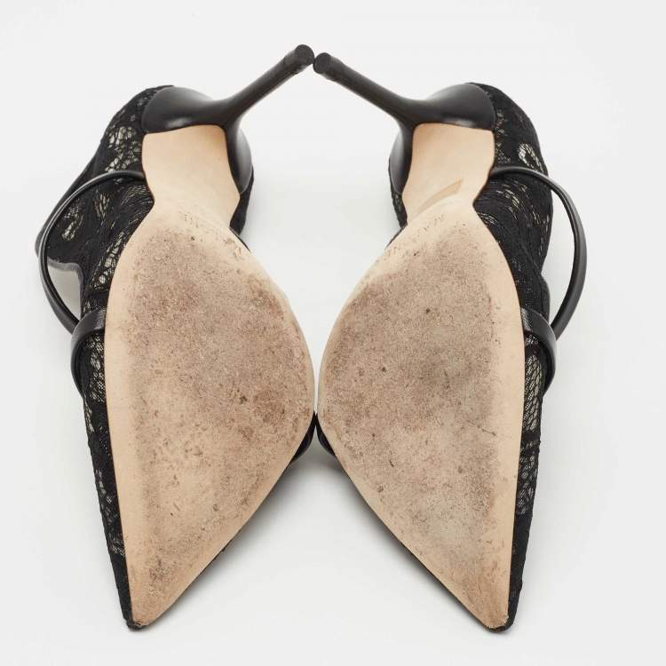Pre Owned Malone Souliers Black Lace and Leather Maureen Mules Size 37.5