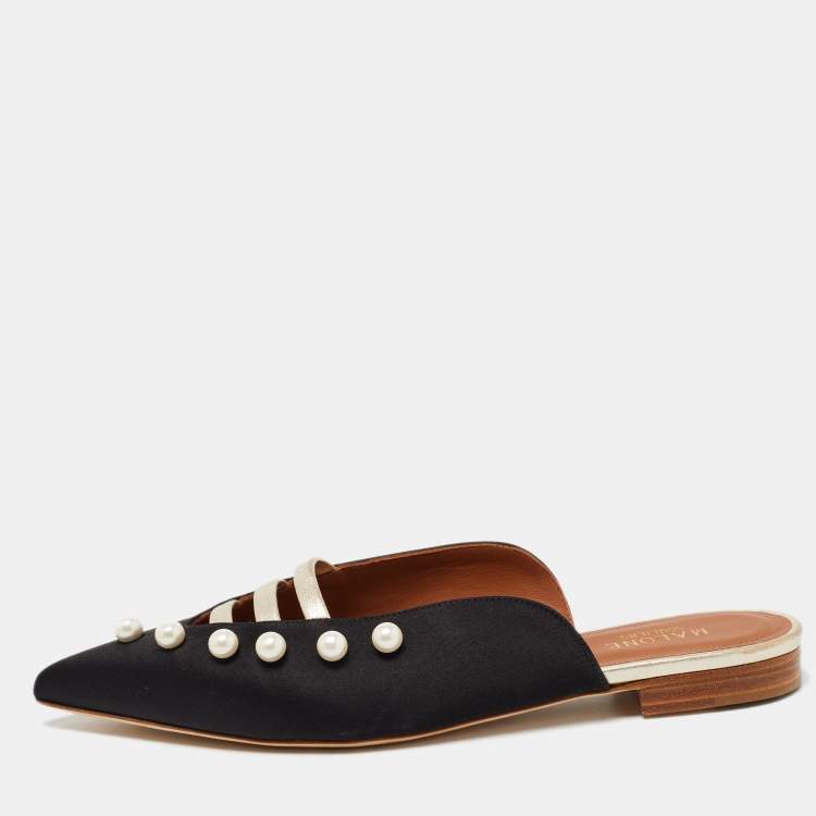 مملوكة مسبقًا Malone Souliers Black/Gold Satin and Leather Zelda Flat Mules Size 38