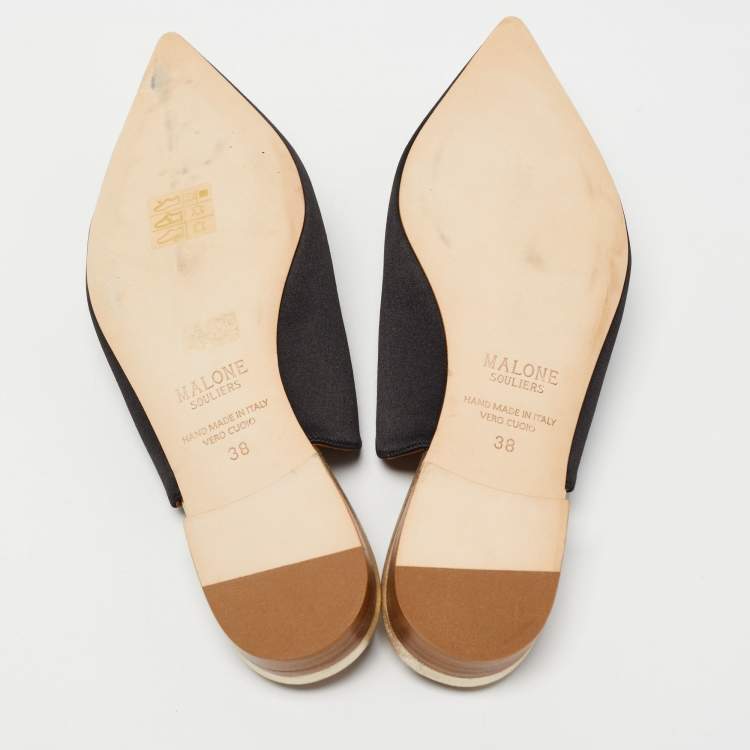 مملوكة مسبقًا Malone Souliers Black/Gold Satin and Leather Zelda Flat Mules Size 38