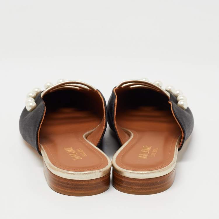 مملوكة مسبقًا Malone Souliers Black/Gold Satin and Leather Zelda Flat Mules Size 38