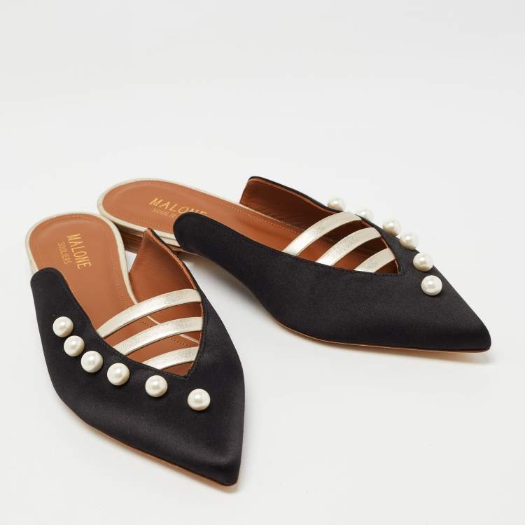 مملوكة مسبقًا Malone Souliers Black/Gold Satin and Leather Zelda Flat Mules Size 38