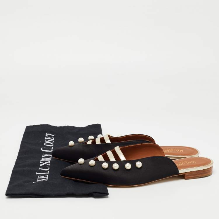 مملوكة مسبقًا Malone Souliers Black/Gold Satin and Leather Zelda Flat Mules Size 38