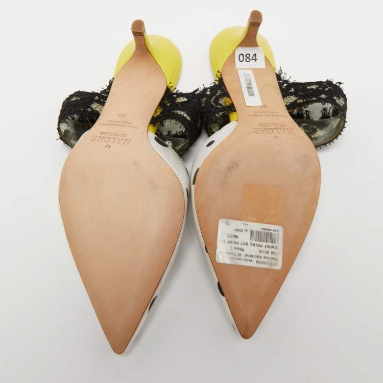 مملوكة مسبقًا Malone Souliers x Emanuel Ungaro White/Black Polka Dot Satin and Lace Maisie Mules Size 36