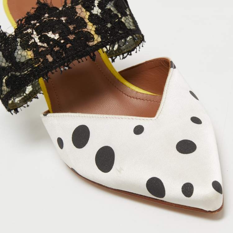 مملوكة مسبقًا Malone Souliers x Emanuel Ungaro White/Black Polka Dot Satin and Lace Maisie Mules Size 36