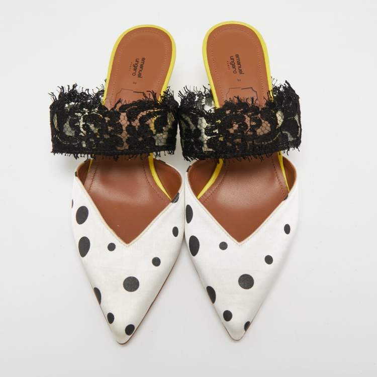 مملوكة مسبقًا Malone Souliers x Emanuel Ungaro White/Black Polka Dot Satin and Lace Maisie Mules Size 36