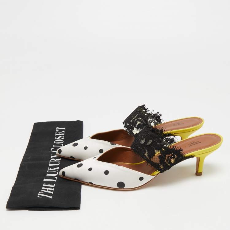 مملوكة مسبقًا Malone Souliers x Emanuel Ungaro White/Black Polka Dot Satin and Lace Maisie Mules Size 36