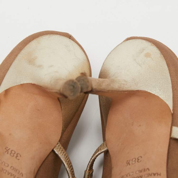 Pre Owned Malone Souliers Brown/Gold Fabric and Leather Maureen Mules Size 38.5