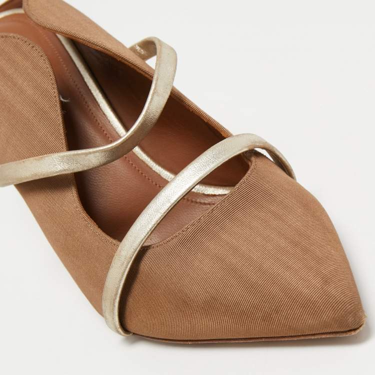 Pre Owned Malone Souliers Brown/Gold Fabric and Leather Maureen Mules Size 38.5