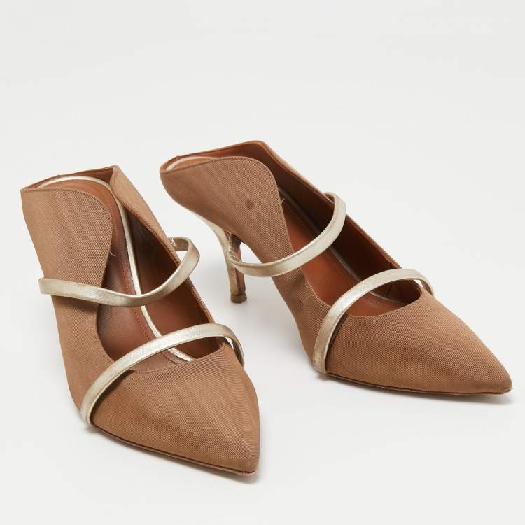Pre Owned Malone Souliers Brown/Gold Fabric and Leather Maureen Mules Size 38.5