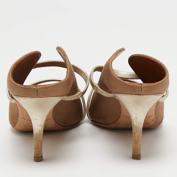 Pre Owned Malone Souliers Brown/Gold Fabric and Leather Maureen Mules Size 38.5